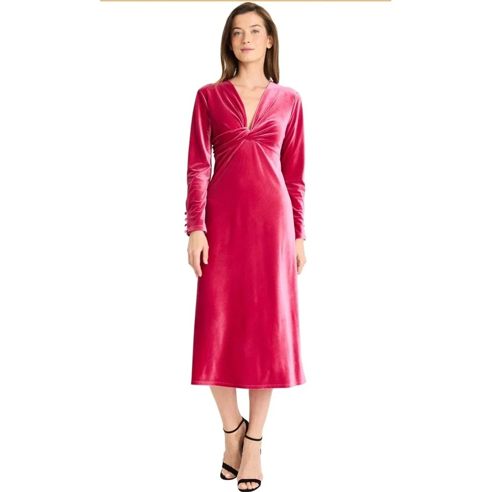 Maggy London Velvet Twist Front Midi Dress Cherry Pink Womens Size 6 Festive NWT